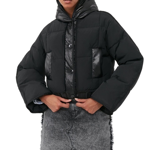 GANNI SHORT HOODED PUFFER METALLIC BUTTONS FRONT CLOSURE DOWN